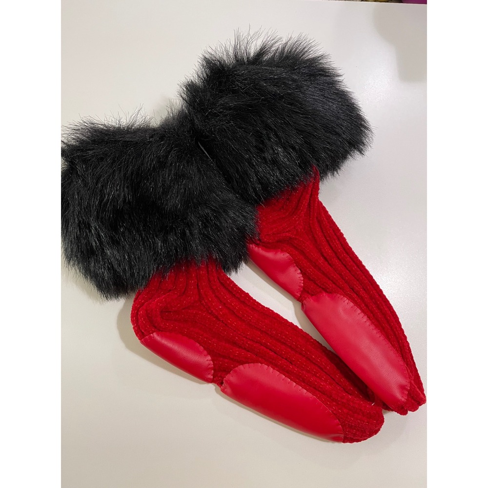 Women's Red  Ribbed Knit Black Faux Trim Slipper Socks Faux Leather Soles New